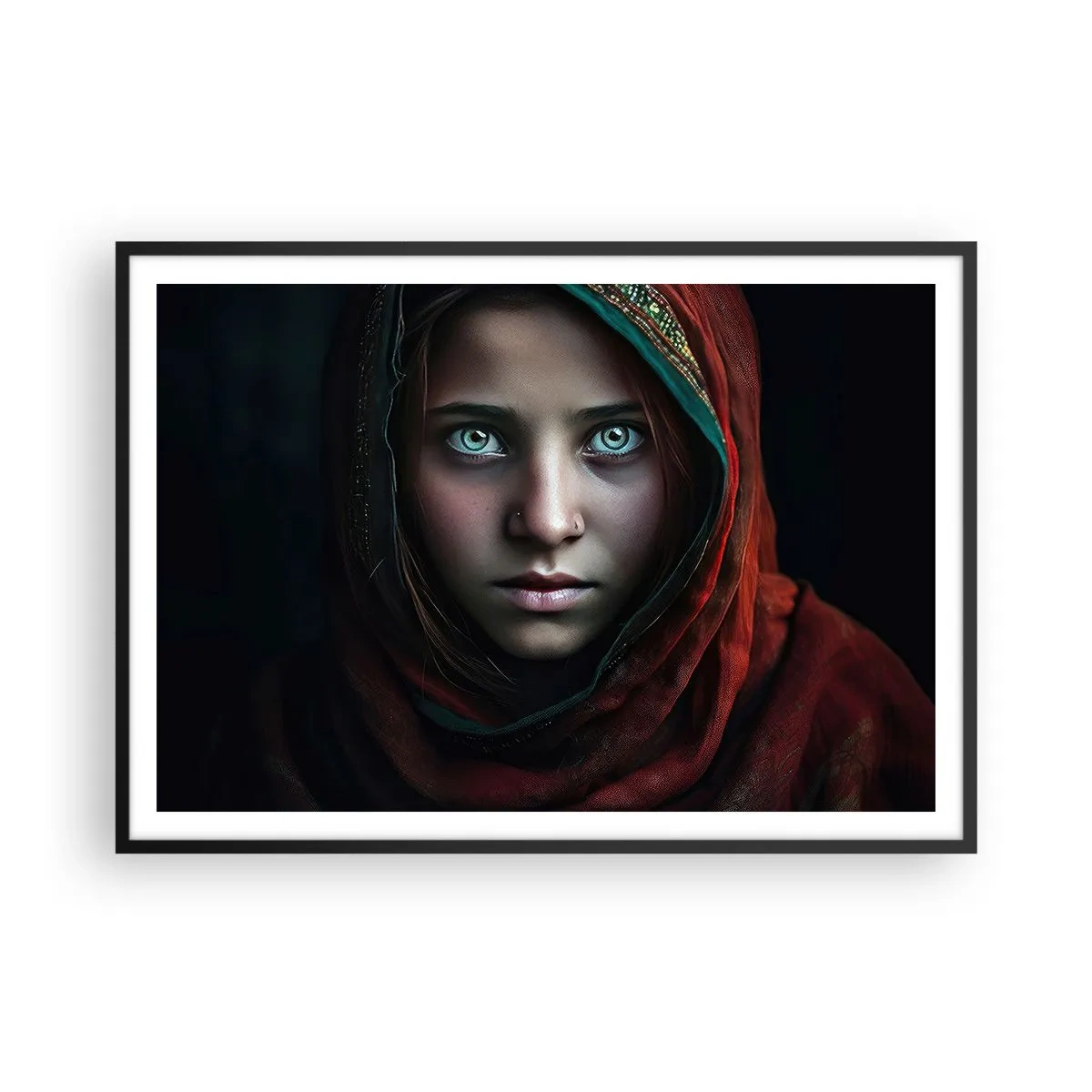 Affiche dans un cadre noir - Poster - Portrait d'une femme au regard intense aux couleurs chaudes - 100x70cm - Princesse orientale - Décoration murale moderne pour le salon et la chambre ARTTOR