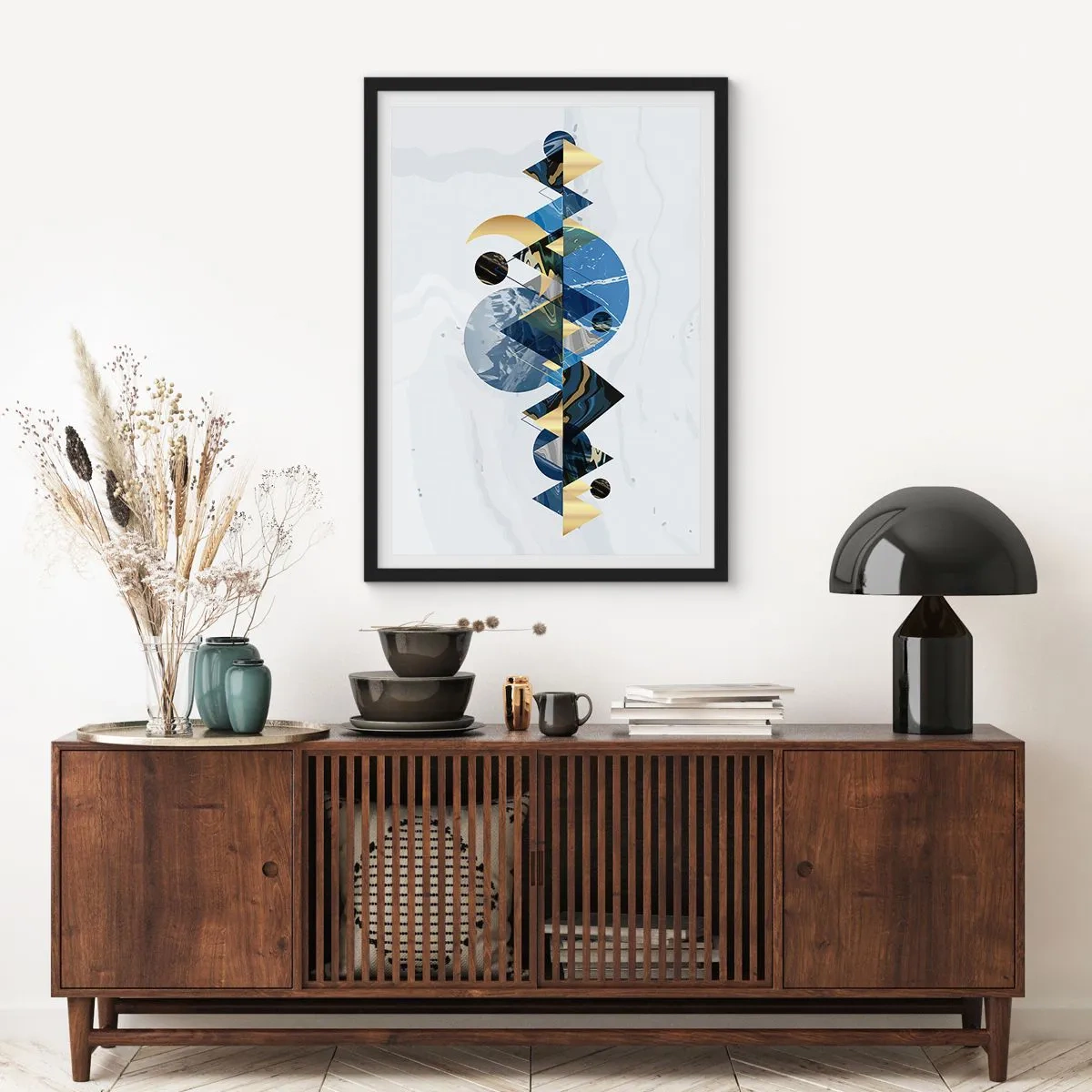 Affiche dans un cadre noir - Poster - Abstraction géométrique avec des éléments dorés et bleu marine - 50x70cm - Paysage géométrique - Décoration murale moderne pour le salon et la chambre ARTTOR