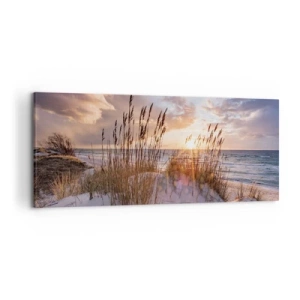 Impression sur toile - Image sur toile - Dunes avec des herbes sur fond de soleil couchant - 120x50cm - Salutations du soleil et du vent - Décoration murale moderne pour le salon et la chambre ARTTOR