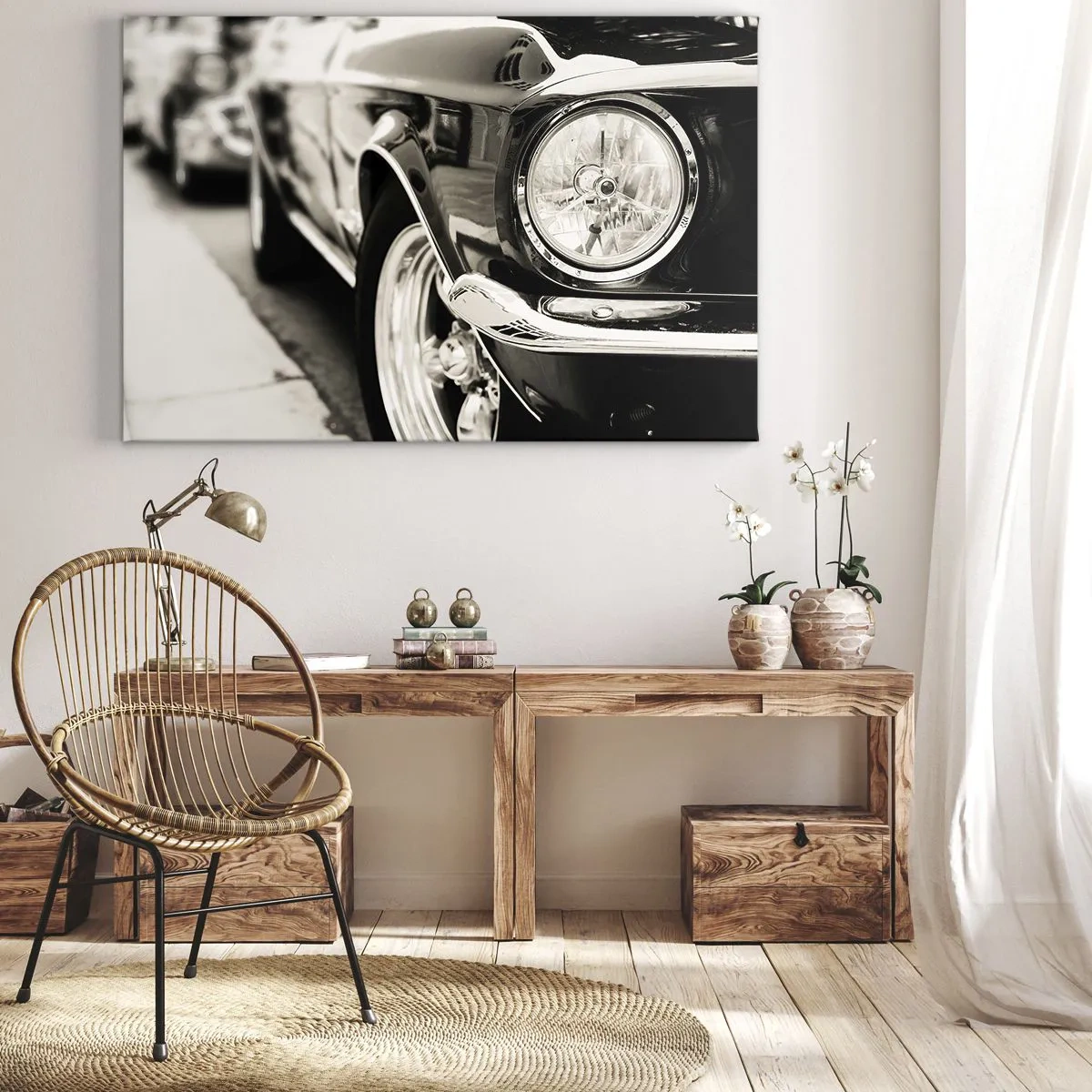 Impression sur toile - Image sur toile - Une voiture classique emblématique en noir et blanc élégant - 120x80cm - Brillance permanente - Décoration murale moderne pour le salon et la chambre ARTTOR