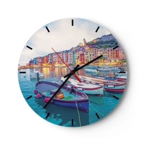 Horloge murale - Pendule murale - Port balnéaire coloré avec des bateaux au coucher du soleil - 30x30cm - Soirée colorée au port - Décoration murale moderne pour le salon, la cuisine et la chambre ARTTOR