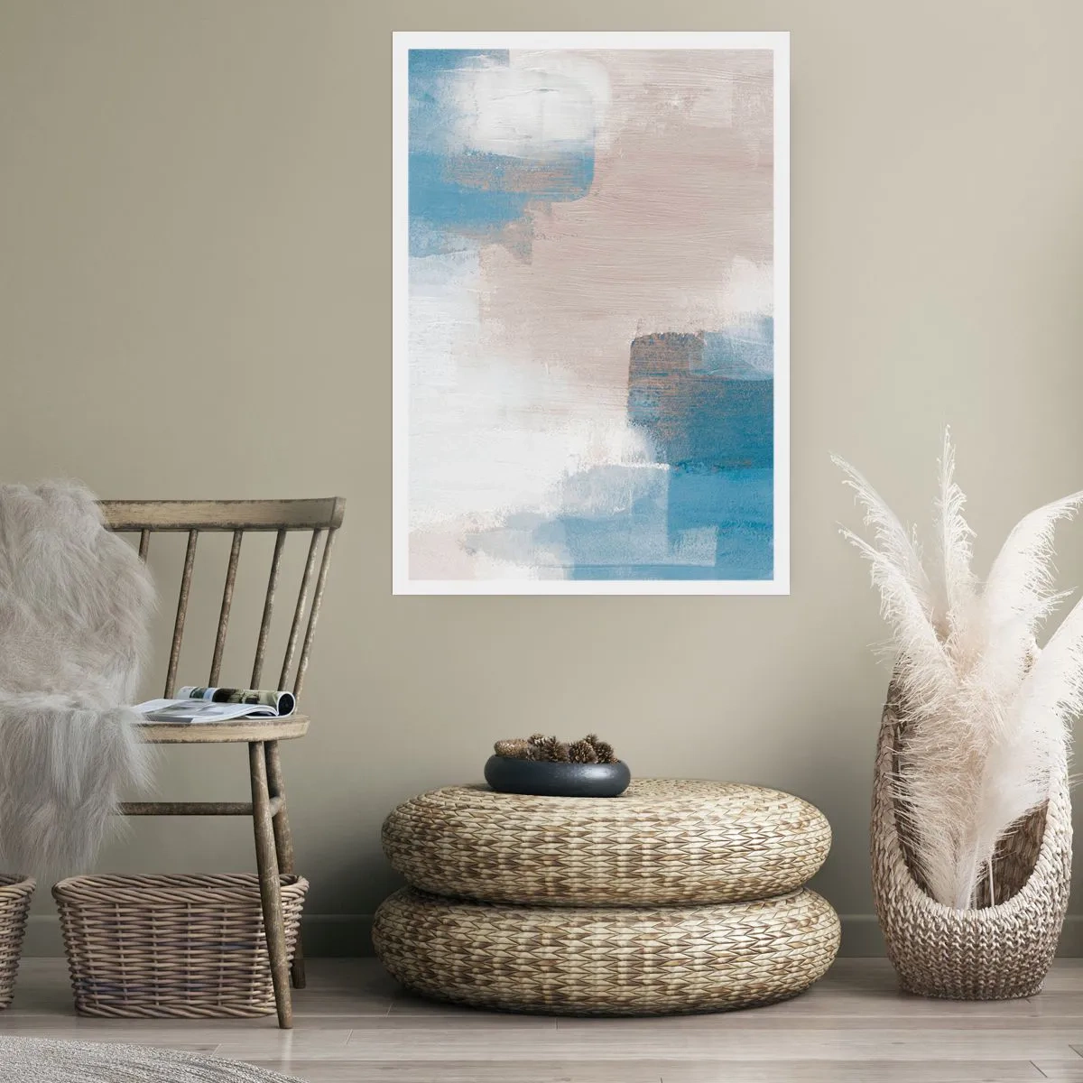 Affiche - Poster - Composition abstraite dans les tons de bleu et de beige - 50x70cm - Abstraction rose derrière un rideau de bleu - Décoration murale moderne pour le salon et la chambre ARTTOR