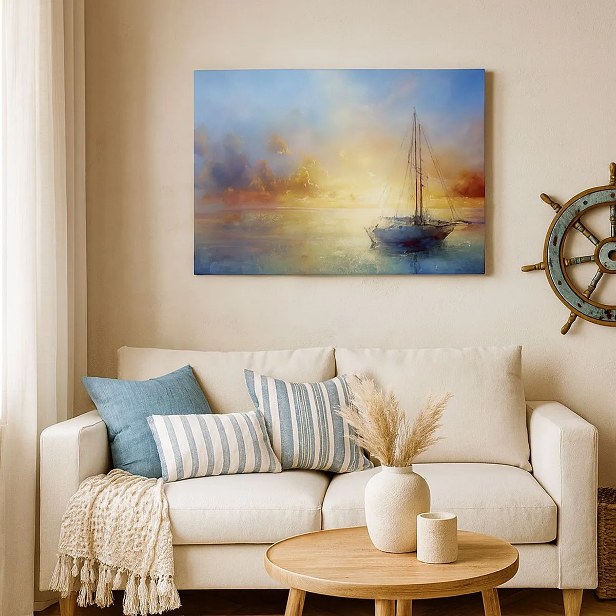 Impression sur toile - Image sur toile - Un yacht sur une mer calme au coucher du soleil - 70x50cm - Dans une baie dorée - Décoration murale moderne pour le salon et la chambre ARTTOR