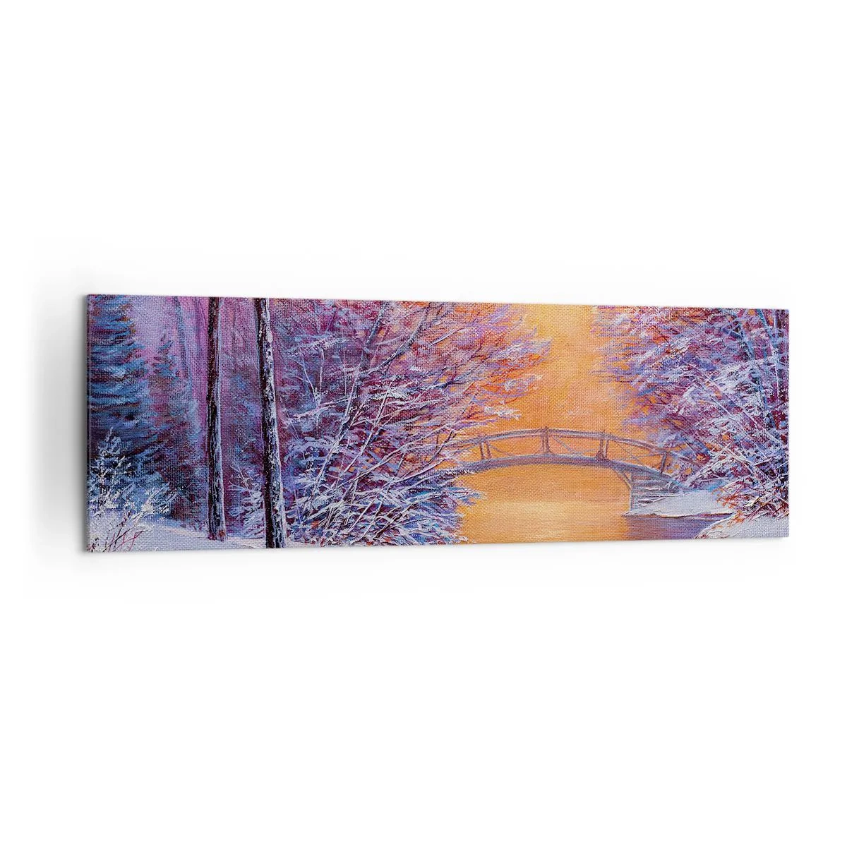 Impression sur toile - Image sur toile - Paysage d'hiver avec un pont et un coucher de soleil - 160x50cm - On se rencontre ici - Décoration murale moderne pour le salon et la chambre ARTTOR