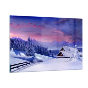 Impression sur verre - Image sur verre - Paysage d'hiver avec un chalet et des montagnes enneigées - 120x80cm - Douce nuit - Décoration murale moderne pour le salon et la chambre ARTTOR