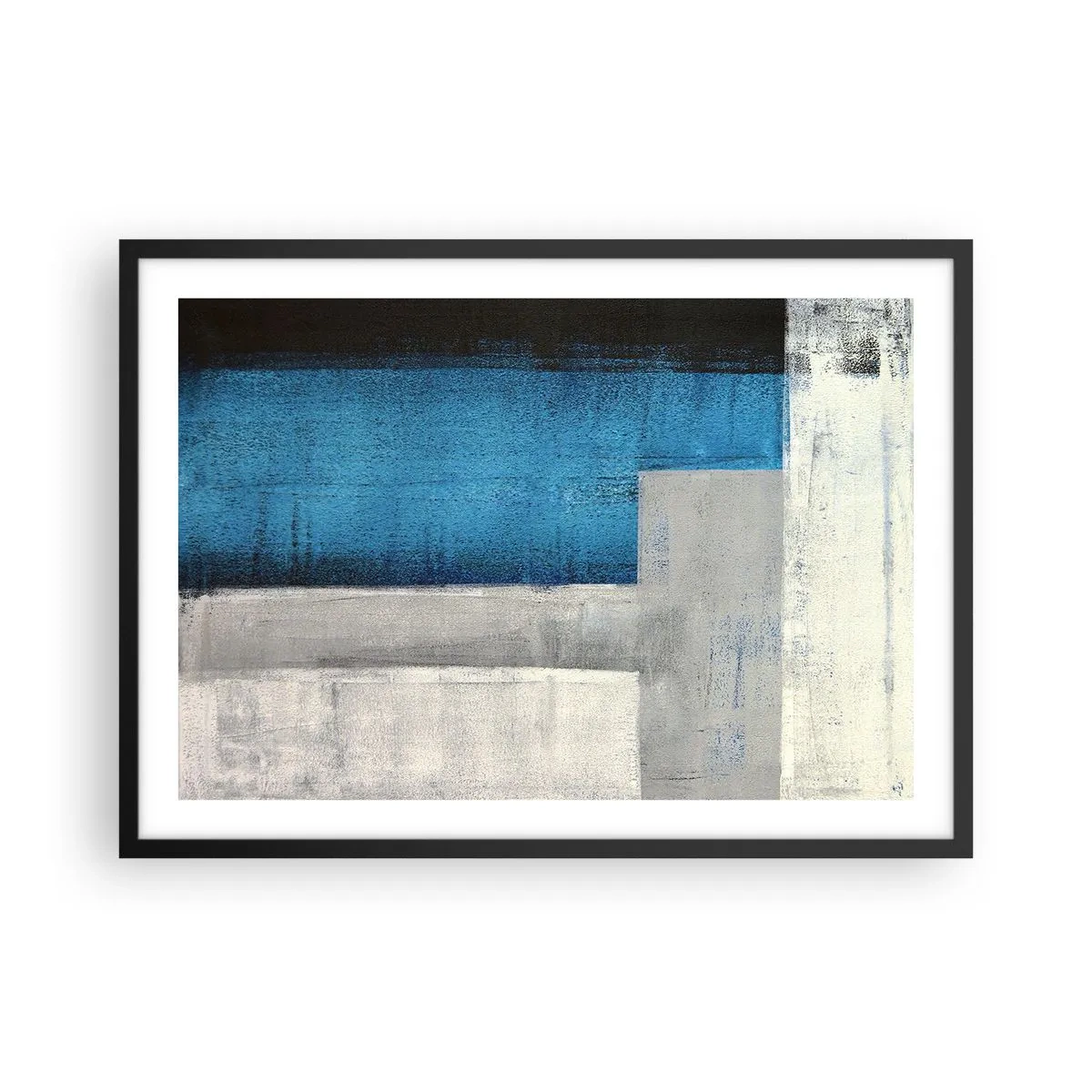 Affiche dans un cadre noir - Poster - Une composition abstraite avec des nuances de bleu, de gris et de blanc. - 70x50cm - Une composition poétique de gris et de bleu - Décoration murale moderne pour le salon et la chambre ARTTOR