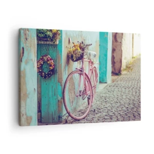 Impression sur toile - Image sur toile - Un vélo rose près d'une porte turquoise - 70x50cm - Je reviens tout de suite - Décoration murale moderne pour le salon et la chambre ARTTOR