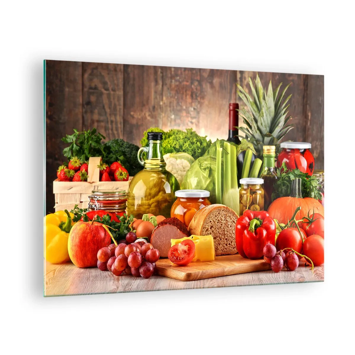 Impression sur verre - Image sur verre - Légumes colorés, fruits, pain et conserves sur un fond en bois - 70x50cm - Fumé, cuit au four et mariné - Décoration murale moderne pour le salon et la chambre ARTTOR