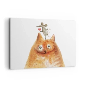 Impression sur toile - Image sur toile - Un dessin d'un chat avec une souris sur la tête tenant un cœur - 100x70cm - Amour paradoxal - Décoration murale moderne pour le salon et la chambre ARTTOR
