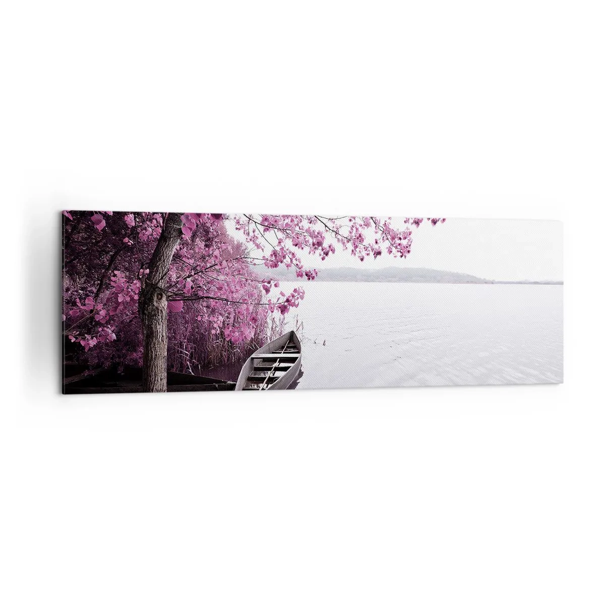 Impression sur toile - Image sur toile - Un bateau au bord d'un lac parmi des arbres roses - 160x50cm - Dans un silence rose - Décoration murale moderne pour le salon et la chambre ARTTOR