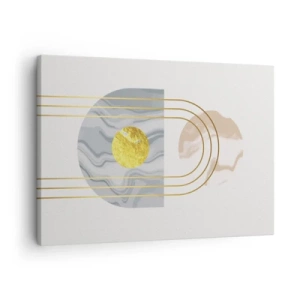 Impression sur toile - Image sur toile - Composition abstraite avec des cercles et des lignes dorées sur fond clair. - 70x50cm - Clareté et brillance - Décoration murale moderne pour le salon et la chambre ARTTOR