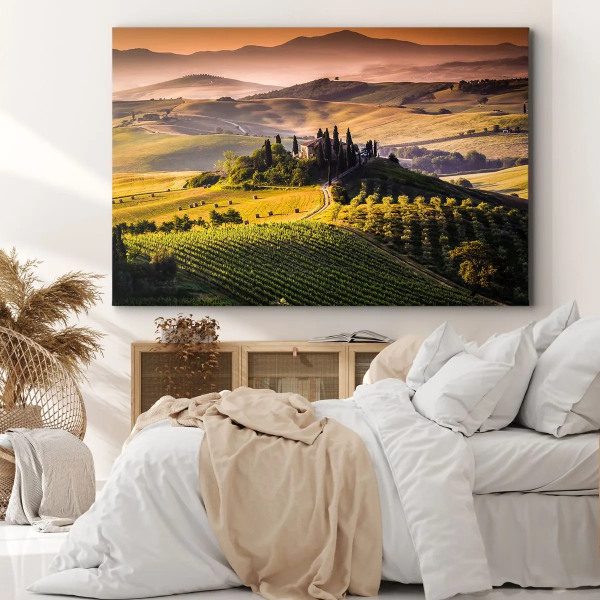 Impression sur toile - Image sur toile - Paysage toscan avec des vignes et une maison sur une colline - 70x50cm - Arcadie - le paysage toscan - Décoration murale moderne pour le salon et la chambre ARTTOR