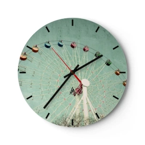Horloge murale - Pendule murale - Une grande roue colorée sur fond turquoise - 30x30cm - Nous vous invitons à vous amuser - Décoration murale moderne pour le salon, la cuisine et la chambre ARTTOR