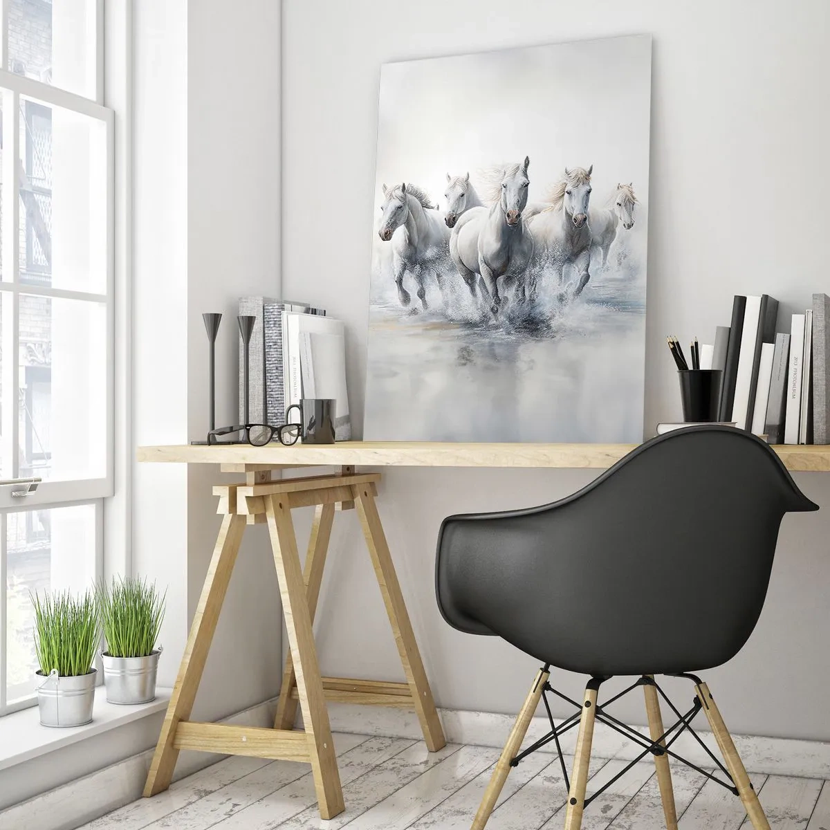 Impression sur verre - Image sur verre - Des chevaux blancs galopent dans l'eau - 80x120cm - Magie blanche - Décoration murale moderne pour le salon et la chambre ARTTOR