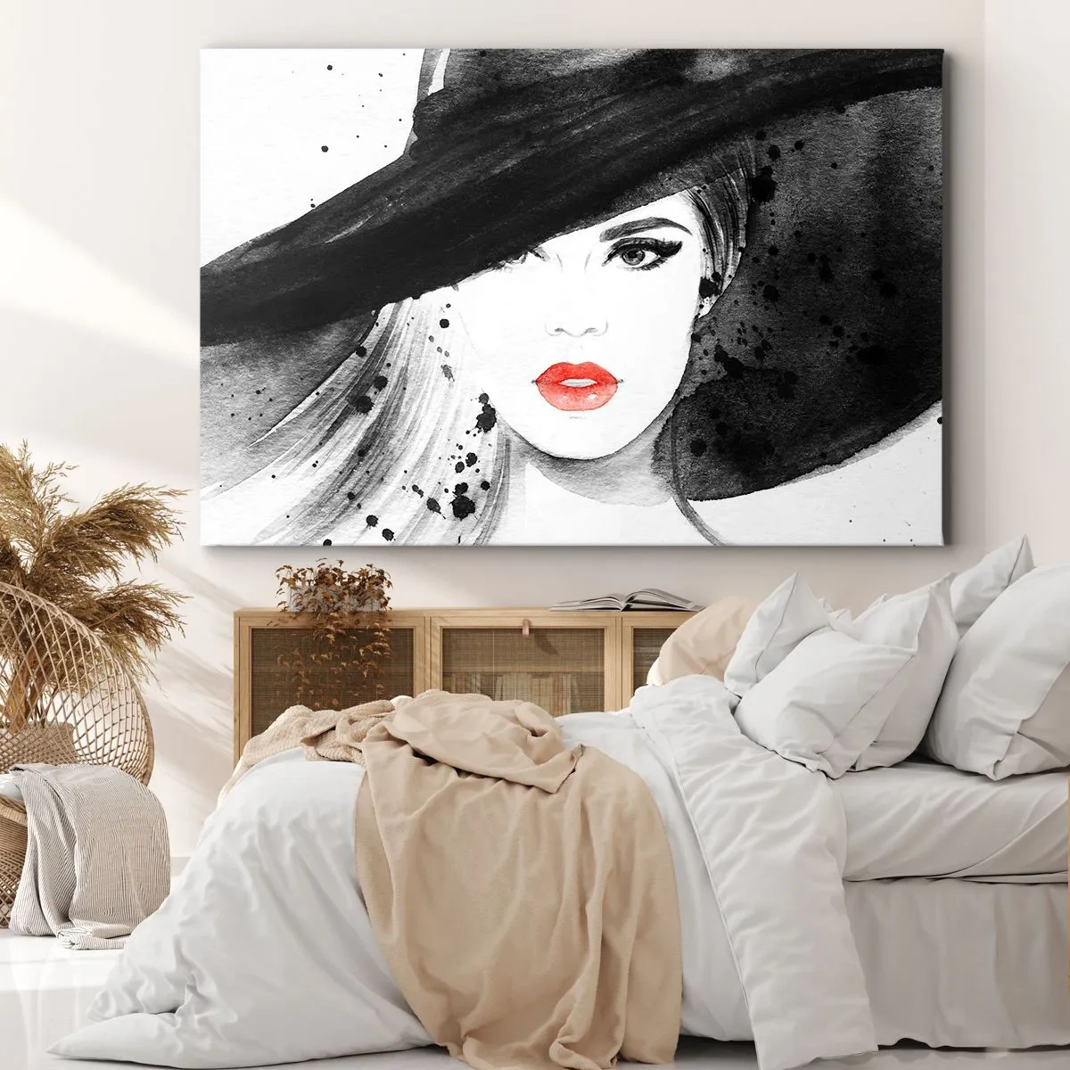 Impression sur toile - Image sur toile - Portrait d'une femme au chapeau et aux lèvres rouges - 70x50cm - Dame en noir - Décoration murale moderne pour le salon et la chambre ARTTOR