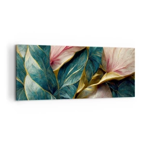 Impression sur toile - Image sur toile - Feuilles élégantes en vert, or et rose - 120x50cm - Élégance et style naturels - Décoration murale moderne pour le salon et la chambre ARTTOR