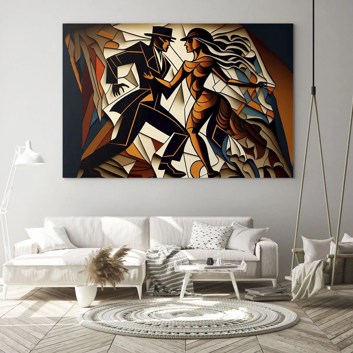 Impression sur verre - Image sur verre - Un couple stylisé dansant dans une forme abstraite dynamique. - 100x70cm - Danse de passion et de volupté - Décoration murale moderne pour le salon et la chambre ARTTOR