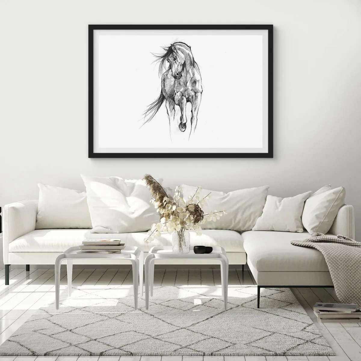 Affiche dans un cadre noir - Poster - Croquis en noir et blanc d'un cheval au galop - 100x70cm - D'un trot gracieux - Décoration murale moderne pour le salon et la chambre ARTTOR