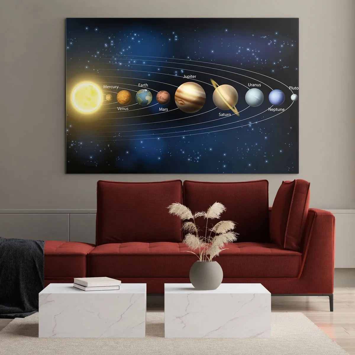 Impression sur verre - Image sur verre - Le système solaire avec des planètes et des étoiles en arrière-plan - 70x50cm - L'une des dix - Décoration murale moderne pour le salon et la chambre ARTTOR