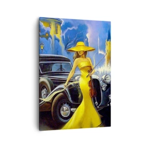 Impression sur toile - Image sur toile - Une femme en robe jaune avec un violon à côté d'une voiture rétro. - 50x70cm - Nocturne pour violon et amour - Décoration murale moderne pour le salon et la chambre ARTTOR