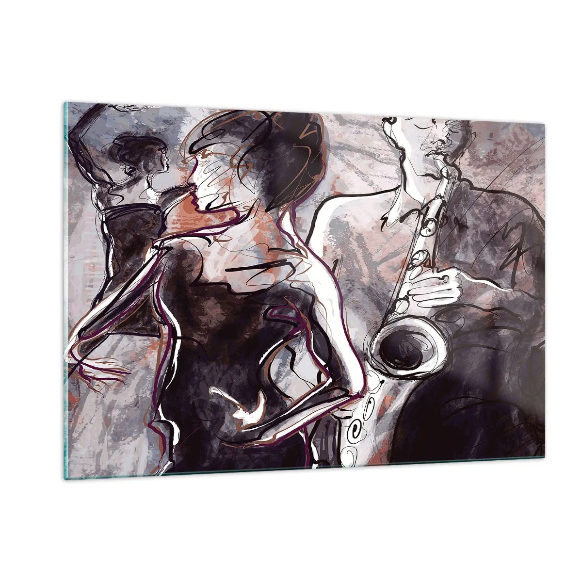 Impression sur verre - Image sur verre - Des danseurs et un saxophoniste dans un style de croquis artistique - 120x80cm - Ne faire qu'un avec la musique - Décoration murale moderne pour le salon et la chambre ARTTOR