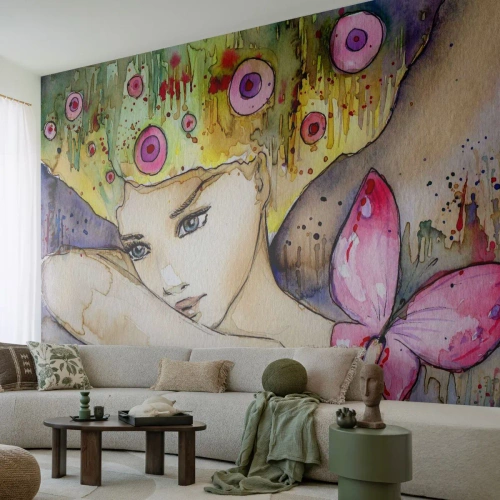 Papier Peint Photo Premium Sand - La princesse papillon - Abstraction, Femme, Aquarelles - 200x140 cm