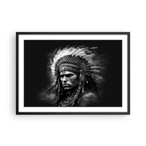 Affiche dans un cadre noir - Poster - Portrait d'un chef portant une coiffe à plumes sur fond noir - 70x50cm - Un leader et un guerrier - Décoration murale moderne pour le salon et la chambre ARTTOR