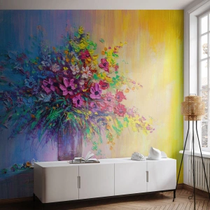 Papier Peint Photo Premium Canvas - Un bouquet de fleurs colorées dans un vase sur un fond dégradé - 100x70cm - Cadeau d'été de la prairie - Décoration murale moderne pour le salon et la chambre ARTTOR