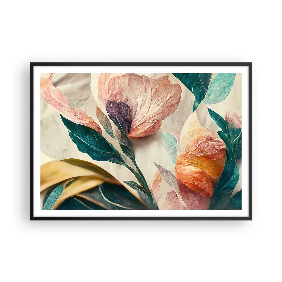 Affiche dans un cadre noir - Poster - Fleurs colorées de style tropical sur fond clair - 100x70cm - Fleurs des îles du sud - Décoration murale moderne pour le salon et la chambre ARTTOR