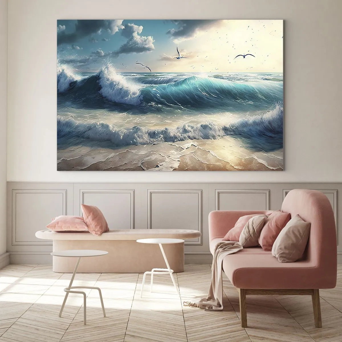 Impression sur verre - Image sur verre - Les vagues s'écrasent sur le rivage dans la lumière du matin - 120x80cm - Ça bourdonne seulement pour toi - Décoration murale moderne pour le salon et la chambre ARTTOR