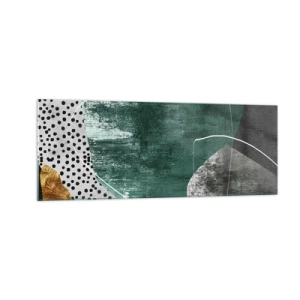 Impression sur verre - Image sur verre - Composition abstraite avec des formes vertes et des motifs à pois - 140x50cm - Abstraction colorée avec feuille d'or - Décoration murale moderne pour le salon et la chambre ARTTOR