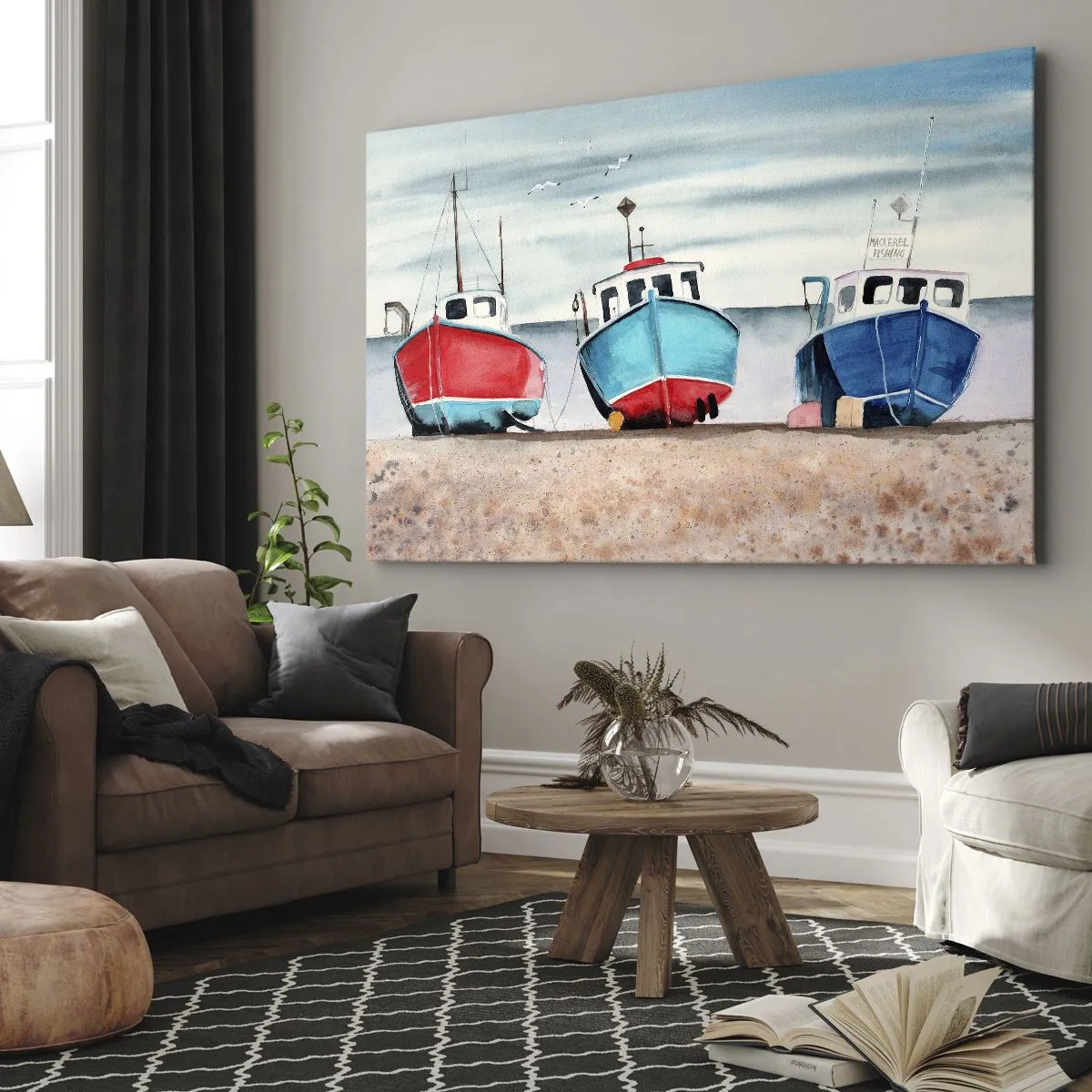 Impression sur toile - Image sur toile - Bateaux de pêche colorés sur le rivage dans un paysage marin - 100x70cm - Prêt pour la pêche - Décoration murale moderne pour le salon et la chambre ARTTOR