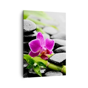 Impression sur toile - Image sur toile - Orchidée violette, pierres noires et bambou dans une composition tranquille - 50x70cm - Dans un équilibre de calme - Décoration murale moderne pour le salon et la chambre ARTTOR