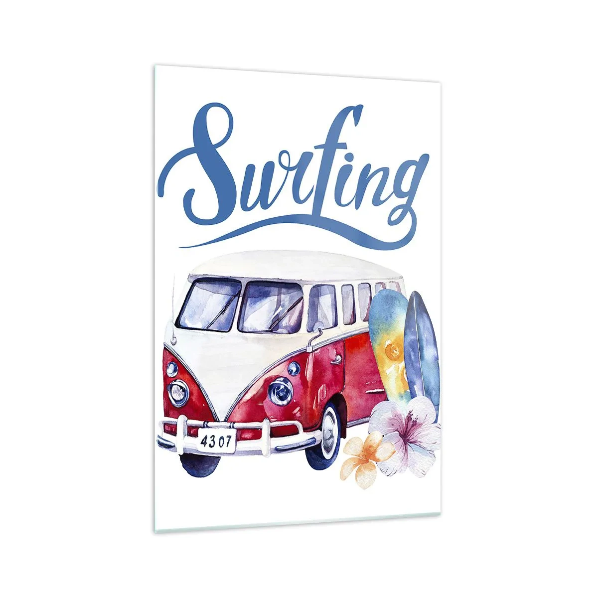 Impression sur verre - Image sur verre - Des graphismes colorés avec un thème de bus et de surf - 70x100cm - Concombre - un classique pour un surfeur - Décoration murale moderne pour le salon et la chambre ARTTOR