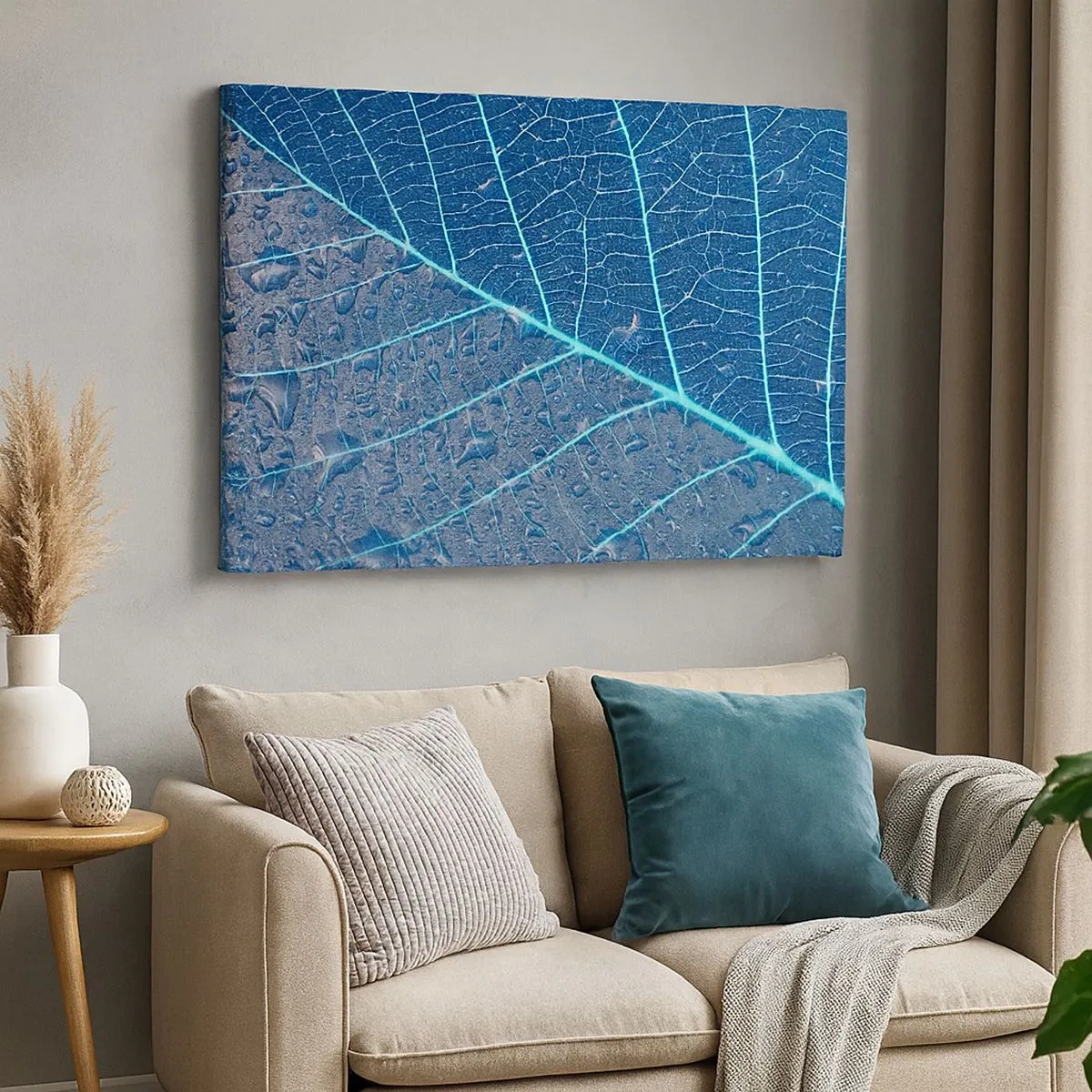 Impression sur toile - Image sur toile - Une feuille dans des tons bleus avec des gouttes d'eau - 70x50cm - La vie en bleu - Décoration murale moderne pour le salon et la chambre ARTTOR