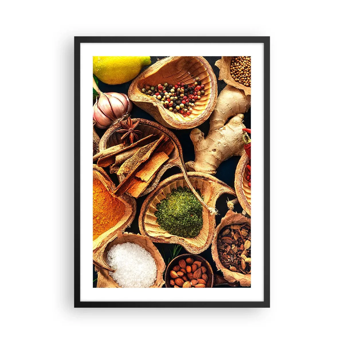 Affiche dans un cadre noir - Poster - Gros plan sur des épices dans des contenants naturels - 50x70cm - Prends ce que tu veux - Décoration murale moderne pour le salon et la chambre ARTTOR