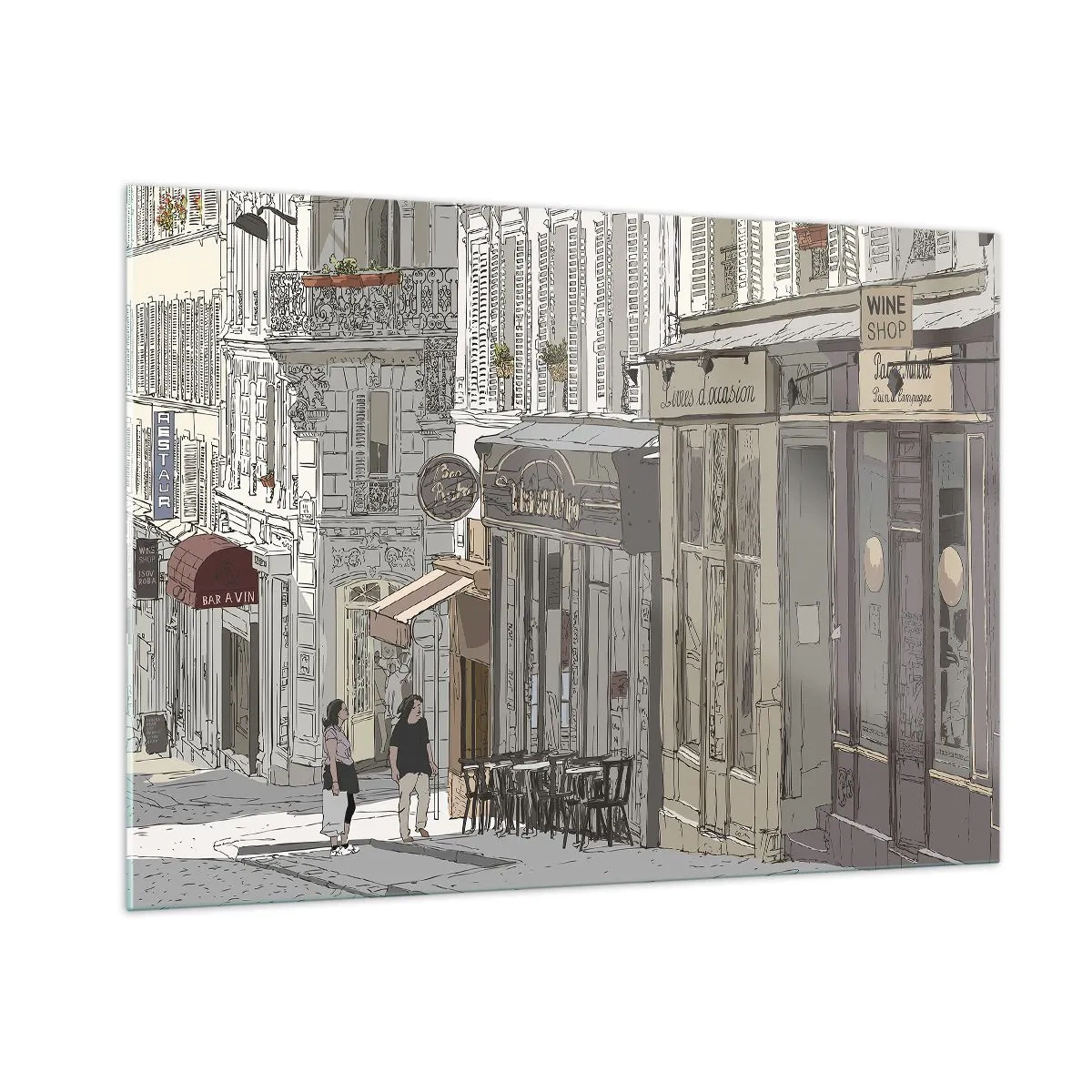 Impression sur verre - Image sur verre - Une rue avec des cafés dans un style urbain artistique - 100x70cm - Joie de la ville - Décoration murale moderne pour le salon et la chambre ARTTOR