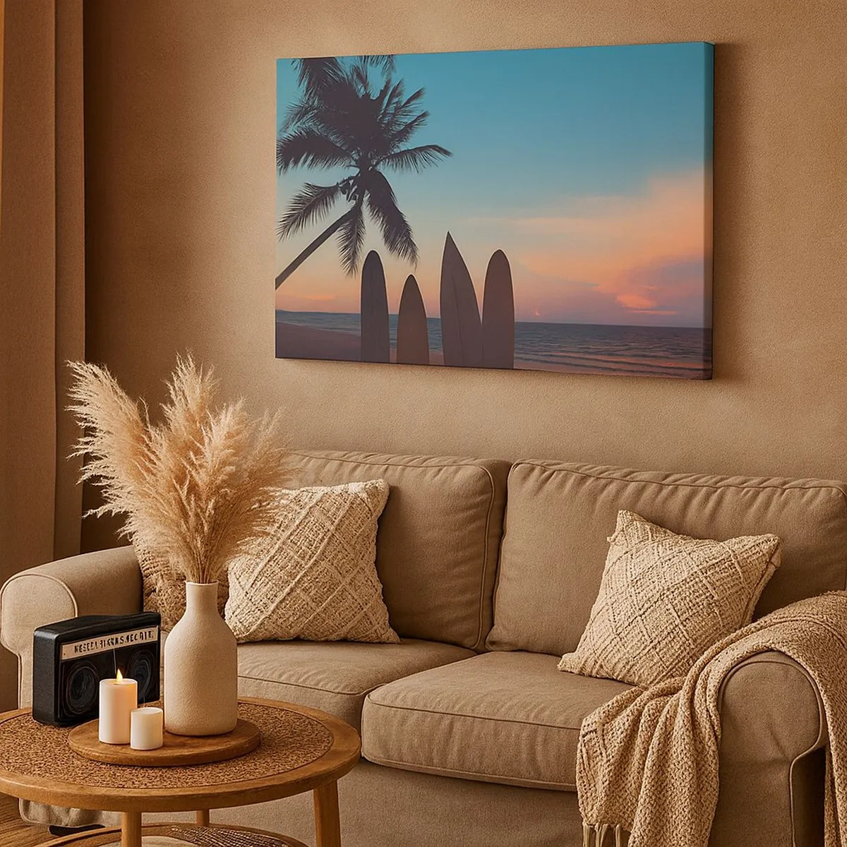 Impression sur toile - Image sur toile - Planches de surf sur fond de palmier et de coucher de soleil - 70x50cm - Demain sera amusant aussi - Décoration murale moderne pour le salon et la chambre ARTTOR