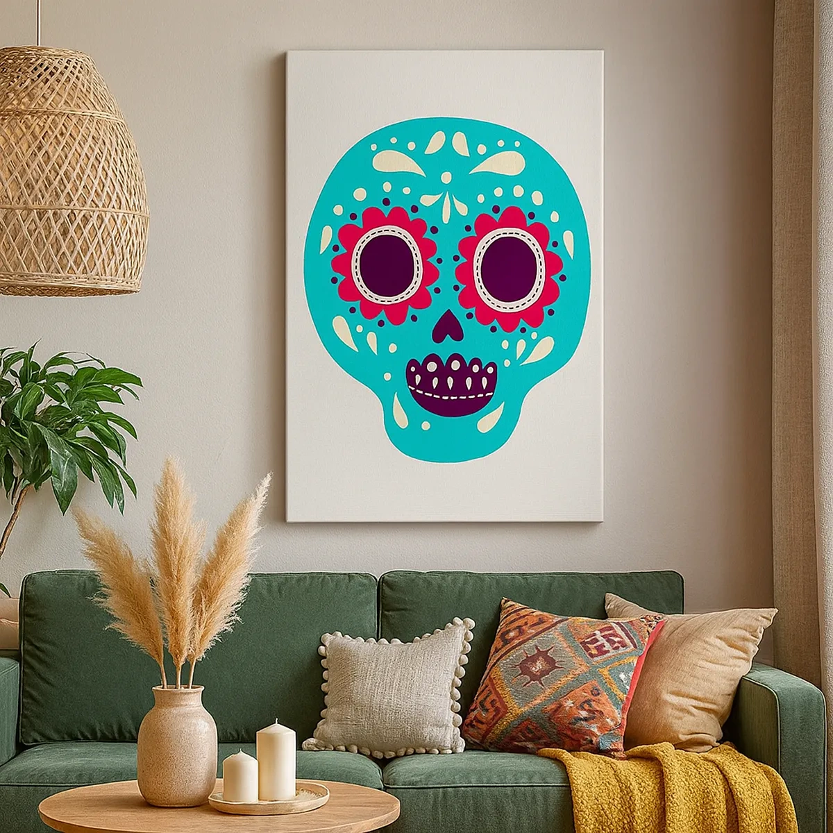 Impression sur toile - Image sur toile - Un crâne en sucre turquoise et violet inspiré de la culture mexicaine - 50x70cm - La vie – du plaisir jusqu'à la mort - Décoration murale moderne pour le salon et la chambre ARTTOR