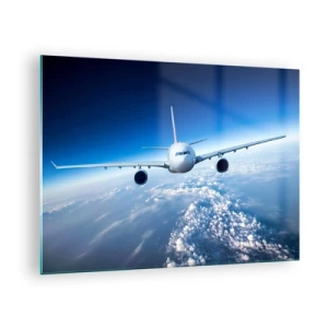 Impression sur verre - Image sur verre - Un avion de ligne contre un ciel bleu et des nuages - 70x50cm - Je vole parce que je le veux - Décoration murale moderne pour le salon et la chambre ARTTOR