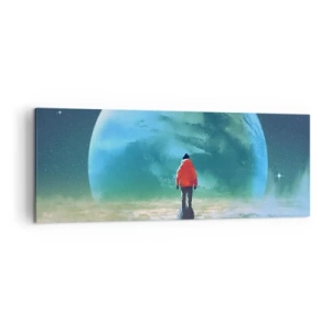 Impression sur toile - Image sur toile - Un homme portant une veste rouge debout devant une grande planète avec des étoiles en arrière-plan. - 140x50cm - Explorateur de la nouvelle terre - Décoration murale moderne pour le salon et la chambre ARTTOR
