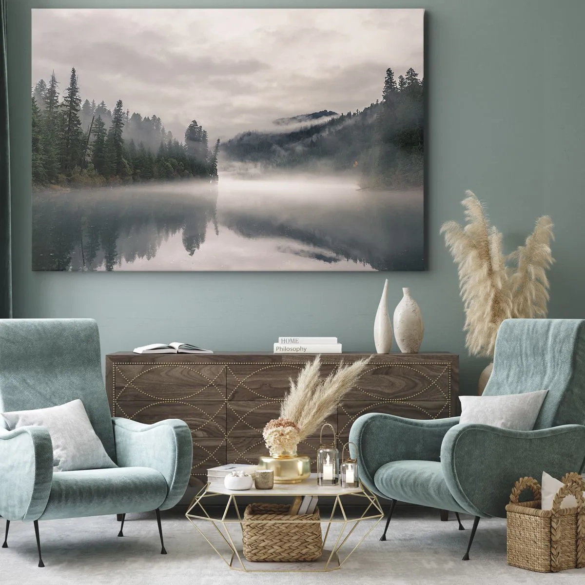 Impression sur toile - Image sur toile - Une forêt brumeuse se reflétant dans un lac calme - 100x70cm - Reflet dans le brouillard - Décoration murale moderne pour le salon et la chambre ARTTOR