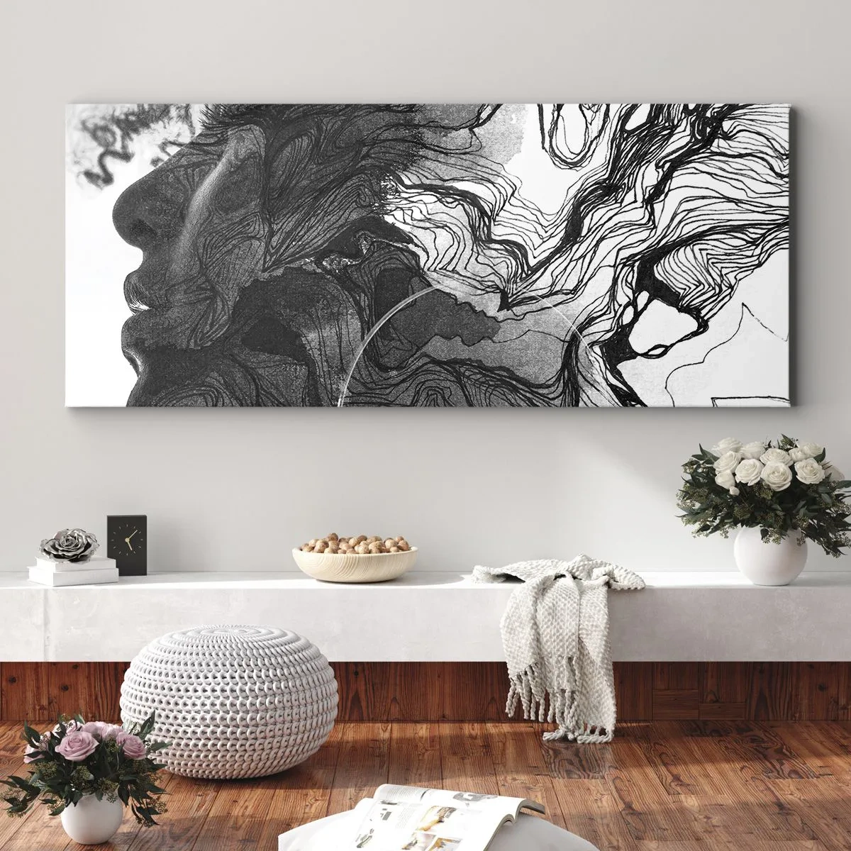 Impression sur toile - Image sur toile - Visage abstrait en noir et blanc avec des lignes dynamiques. - 160x50cm - Emmêlé dans les rêves - Décoration murale moderne pour le salon et la chambre ARTTOR