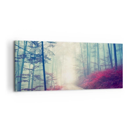 Impression sur toile - Image sur toile - Un sentier forestier magique entouré d'arbres et de brouillard - 120x50cm - Comme c'est bon de se lever à l'aube - Décoration murale moderne pour le salon et la chambre ARTTOR