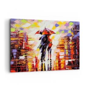 Impression sur toile - Image sur toile - Une scène abstraite d'une promenade sous un parapluie par une nuit pluvieuse. - 120x80cm - Ensemble à travers la nuit et la pluie - Décoration murale moderne pour le salon et la chambre ARTTOR