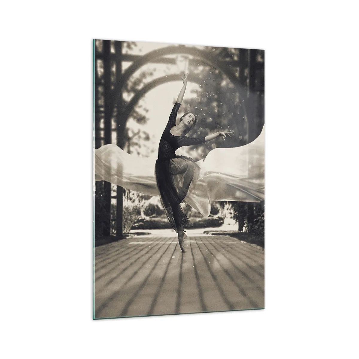 Impression sur verre - Image sur verre - Une danseuse vêtue d'une robe fluide exécute un saut sur fond de jardin noir et blanc. - 70x100cm - La danse de l'esprit jardin - Décoration murale moderne pour le salon et la chambre ARTTOR