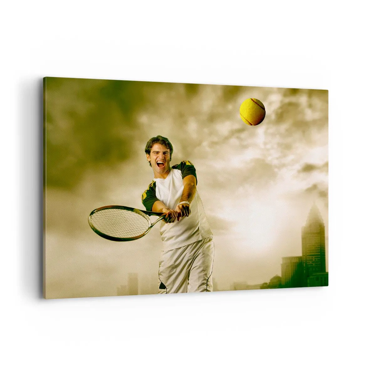 Impression sur toile - Image sur toile - Joueur de tennis en action lors d'un match avec en toile de fond un paysage urbain - 100x70cm - Énergie et joie - Décoration murale moderne pour le salon et la chambre ARTTOR