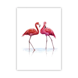 Affiche - Poster - Deux flamants roses sur fond blanc avec reflet dans l'eau - 50x70cm - Rendez-vous rose - Décoration murale moderne pour le salon et la chambre ARTTOR