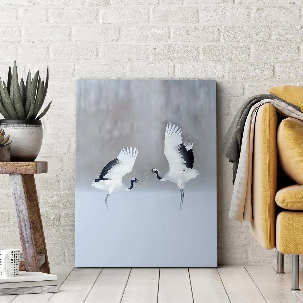 Impression sur toile - Image sur toile - Deux grues dansant dans un paysage brumeux - 70x100cm - Danse dans le brouillard - Décoration murale moderne pour le salon et la chambre ARTTOR