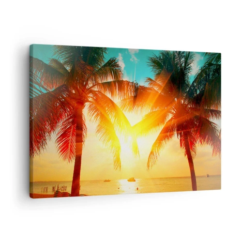 Impression sur toile - Image sur toile - Palmiers illuminés par la chaude lumière du soleil couchant - 70x50cm - Couple exotique - Décoration murale moderne pour le salon et la chambre ARTTOR